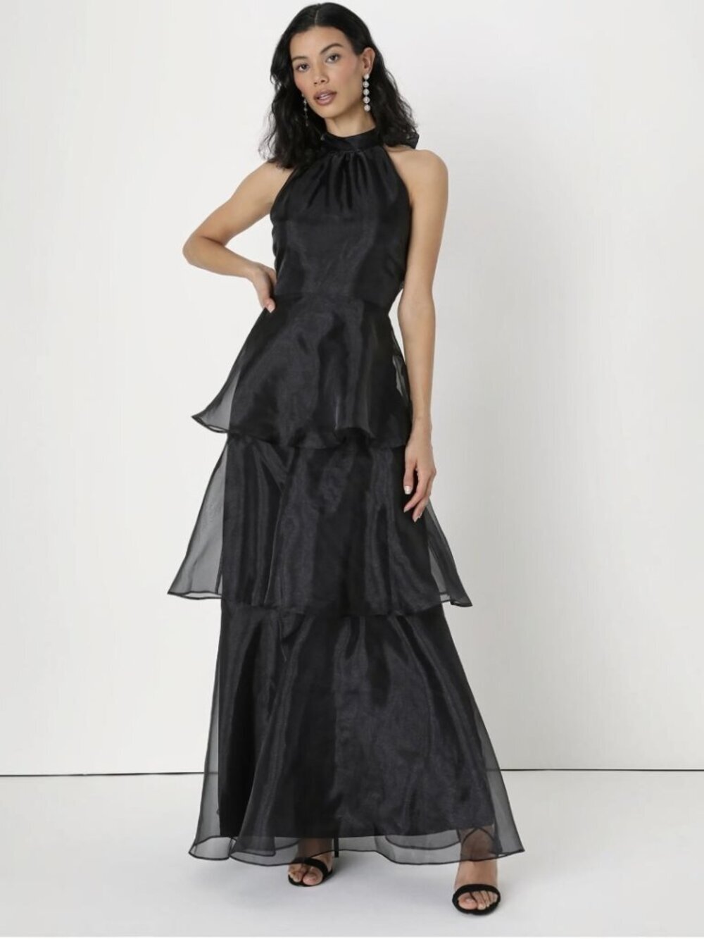 Lulus Perfect Beauty Black Organza Backless Tiered Maxi Dress NWT